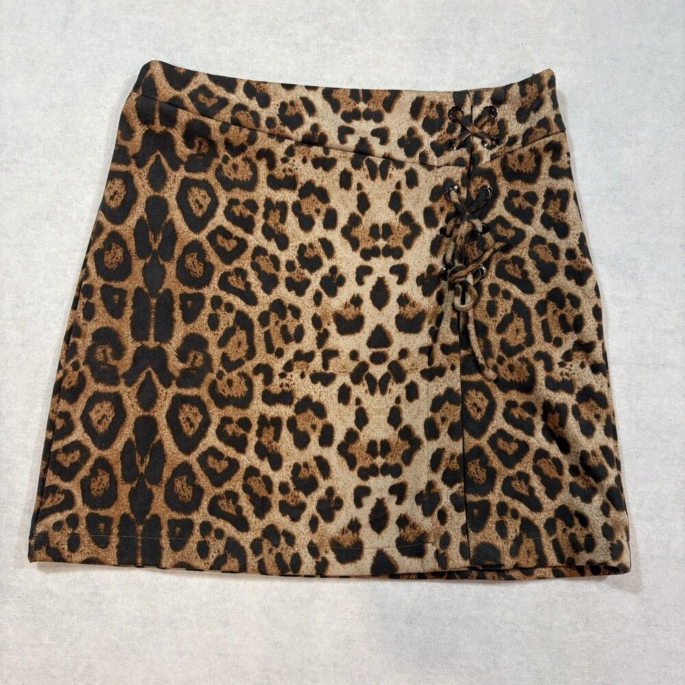 Hayden Los Angeles Leopard Print Mini Skirt Lace Up Side Size L Stretch Y2K